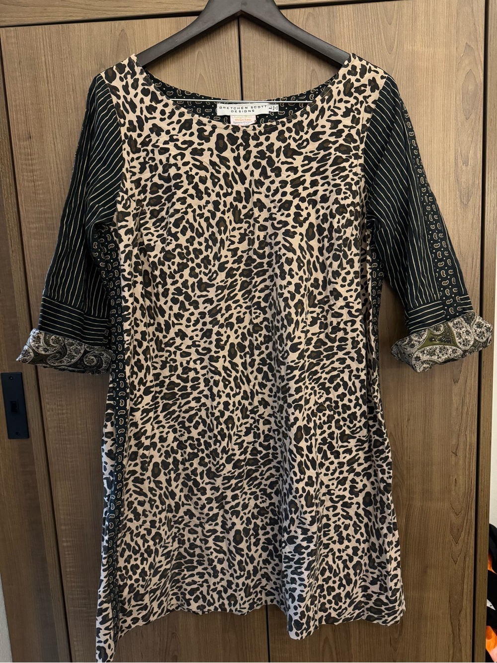 Gretchen Scott Designs Tan and Black Leopard Print Tunic with Pinstripe Sleeves